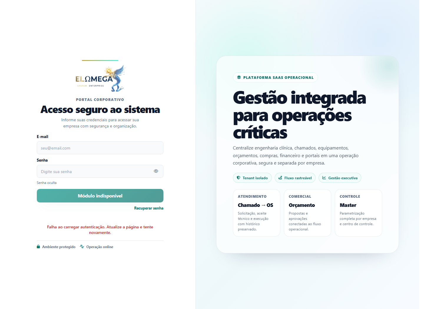 Tela real da home operacional do ElomegaSystem capturada do próprio sistema